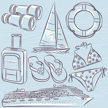 Set of  summer symbols, cruise ship, boat, suitcase, swim suit, flip flops illustration.のイラスト素材