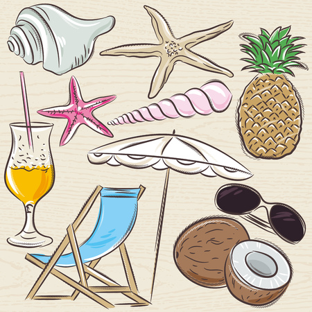 Set of  summer symbols, clams, shells, cocktail, starfish, umbrella, lounge, fruit on a beige  grunge background, vector illustration.のイラスト素材