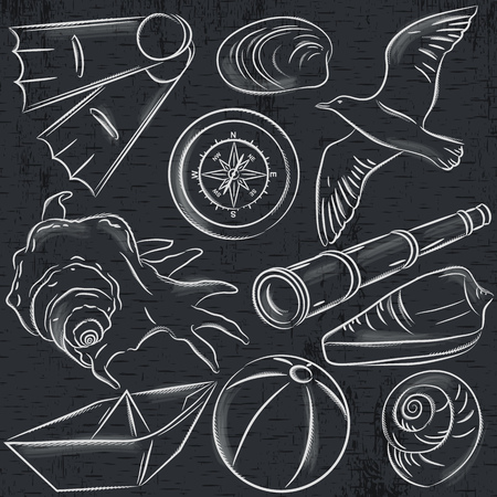 Set of  summer symbols,  boat, seashell, compass, telescope, seagull on blackboard  background, vector illustration.のイラスト素材