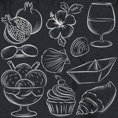 Set of  summer symbols, clams, shells, ice cream, sunglasses, pomegranate, flower  on blackboard  background, vector illustration.のイラスト素材