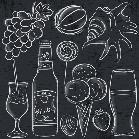 Set of  summer symbols, clams, shells, cocktail, fruits, beer, ice cream on  blackboard background, vector illustration.のイラスト素材