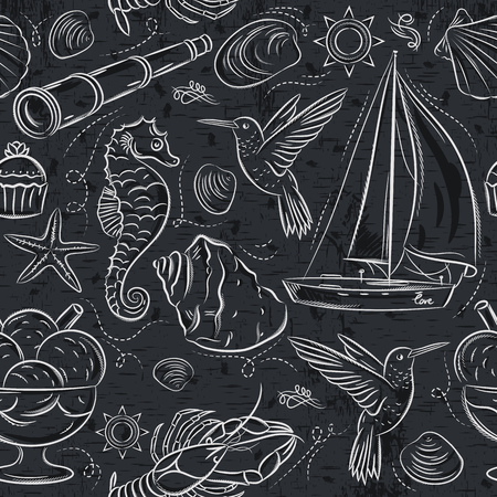 Seamless Patterns with  summer symbols, boat, sea horse, telescope, ice cream, hummingbird  on grunge  blackboard, vector illustration.
Ideal for printing onto fabric and paper or scrap booking.のイラスト素材