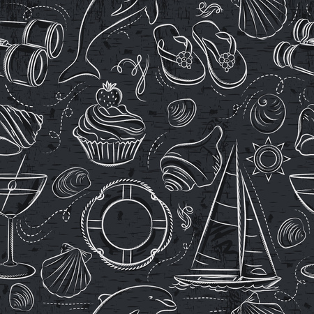 Seamless Patterns with  summer symbols, boat, shels,  dolphin, cocktail, binoculars, flip-flops on grunge blackboard, vector illustration.
Ideal for printing onto fabric and paper or scrap booking.のイラスト素材