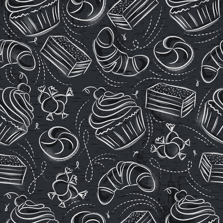 Seamless Patterns with cupcake, croissan, cake and bonbon on grunge blackboard.
Ideal for printing onto fabric and paper or scrap booking.のイラスト素材
