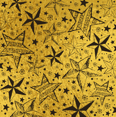 Golden brightness background with black christmas stars and snowflakes, vector illustrationのイラスト素材
