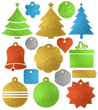 Set of color golden glittering christmas labels, box, tree, bell, heart, star, vector illustrationのイラスト素材