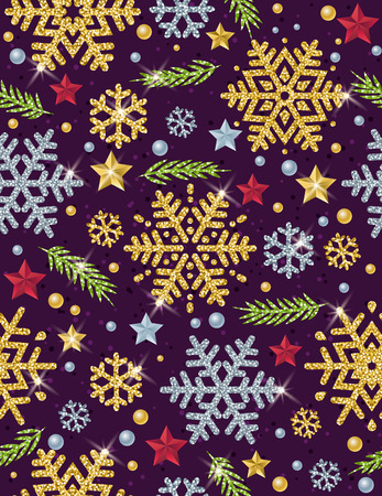 Christmas seamless pattern background with gold and silver glittering snowflakes, twig and 
stars,  vector illustrationのイラスト素材