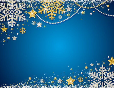 Blue christmas background with frame of golden and silver glittering snowflakes, stars and garlands, vector illustrationのイラスト素材