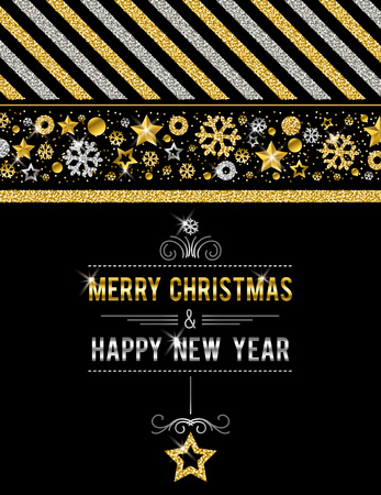 Black christmas card with golden and silver glittering snowflakes and stars, vector illustrationのイラスト素材