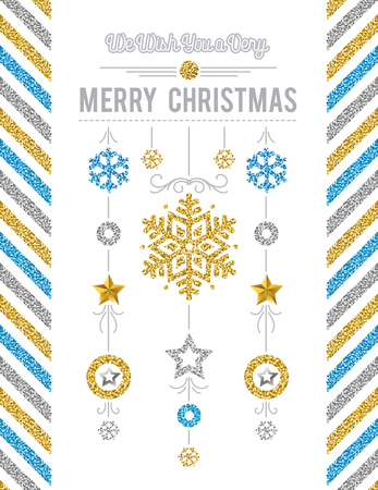 White christmas card with golden and silver glittering snowflakes and stars, vector illustrationのイラスト素材