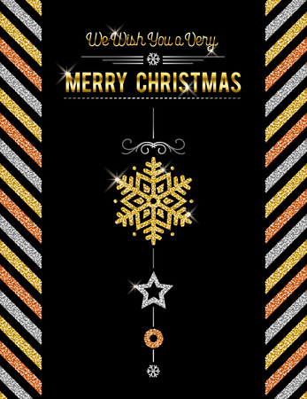 Black christmas card with golden and silver glittering snowflakes and stars, vector illustrationのイラスト素材
