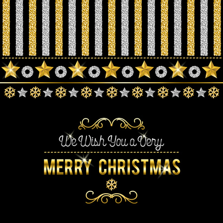 Black christmas card with golden and silver glittering snowflakes and stars, vector illustrationのイラスト素材