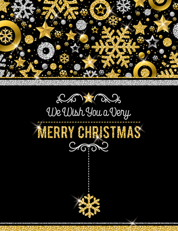 Black christmas card with golden and silver glittering snowflakes and stars, vector illustrationのイラスト素材