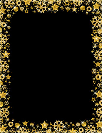 Black christmas card with  border of golden glittering snowflakes and stars, vector illustrationのイラスト素材