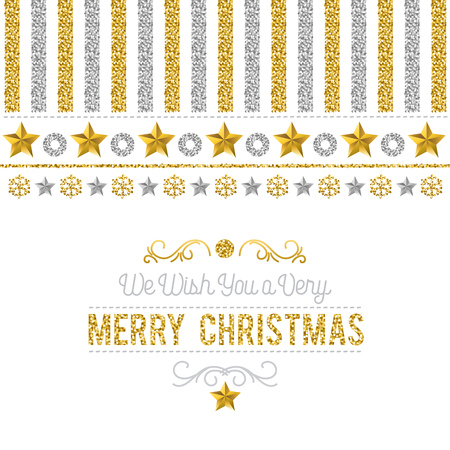 Christmas card with golden and silver glittering snowflakes and stars, vector illustrationのイラスト素材