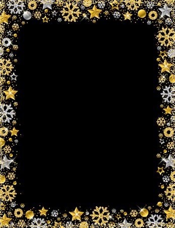 Black christmas card with  border of golden and silver glittering snowflakes and stars, vector illustrationのイラスト素材