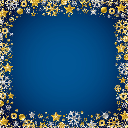 Blue christmas card with  border of golden and silver glittering snowflakes and stars, vector illustrationのイラスト素材