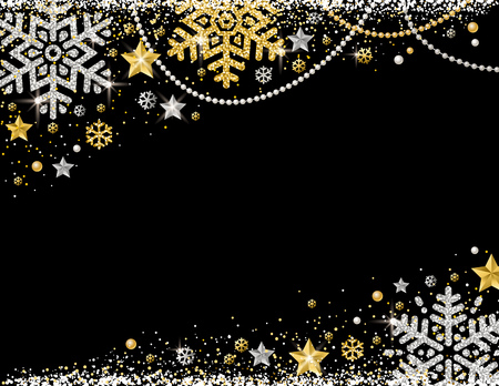 Black christmas background with frame of golden and silver glittering snowflakes, stars and garlands, vector illustrationのイラスト素材
