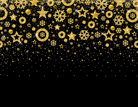 Black christmas card with  frame of golden glittering snowflakes and stars, vector illustrationのイラスト素材