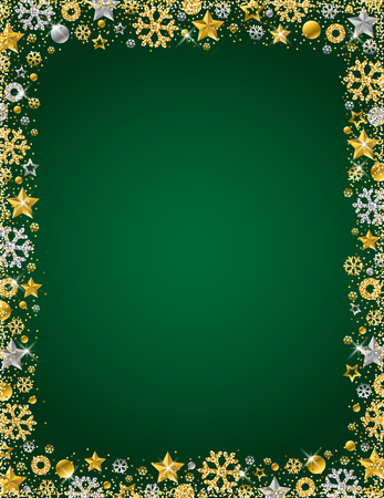 Green christmas card with  border of golden and silver glittering snowflakes and stars, vector illustrationのイラスト素材