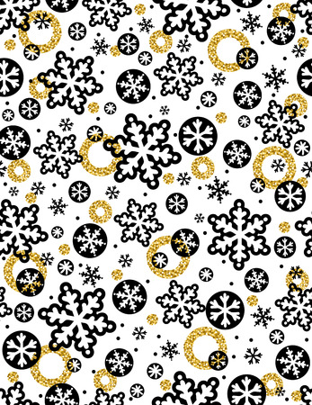 Christmas pattern background with black snowflakes, stars and golden circles,  vector illustrationのイラスト素材