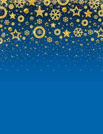 Blue christmas card with  frame of golden glittering snowflakes and stars, vector illustrationのイラスト素材