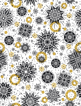 Christmas pattern background with black stars, snowflakes and golden circles,  vector illustrationのイラスト素材