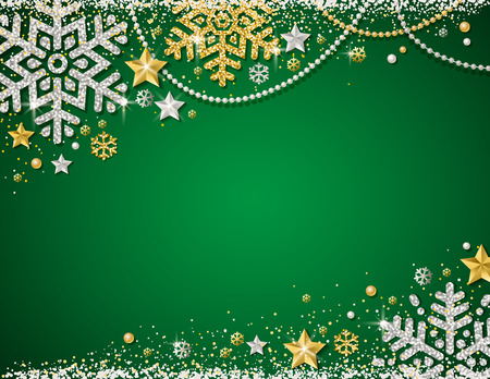 Green christmas background with frame of golden and silver glittering snowflakes, stars and garlands, vector illustrationのイラスト素材