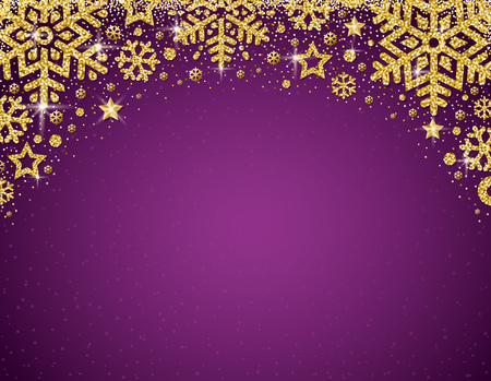 Purple christmas card with  frame of golden glittering snowflakes and stars, vector illustrationのイラスト素材