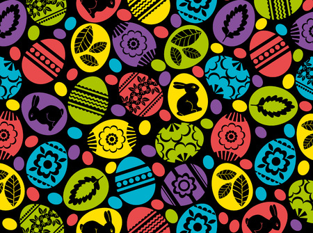 Colorful pattern with color easter eggs, flowers, leafs and rabbits over black background. Easter design. Can be used for fabric, wallpaper, pattern fills, web page background, scrap booking, vector illustration.のイラスト素材