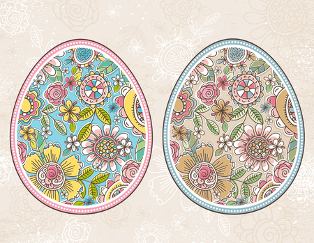 Easter egg with spring flowers and leafs over  beige grunge background. Easter holidays design. Two different color. Can be used for greetings cards, print design, scrap booking, web design, vectorのイラスト素材