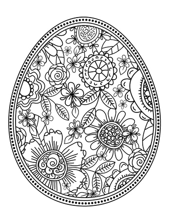 Vector easter eggs with floral pattern for coloring book. Hand-drawn decorative elements in vector. Black and white.のイラスト素材