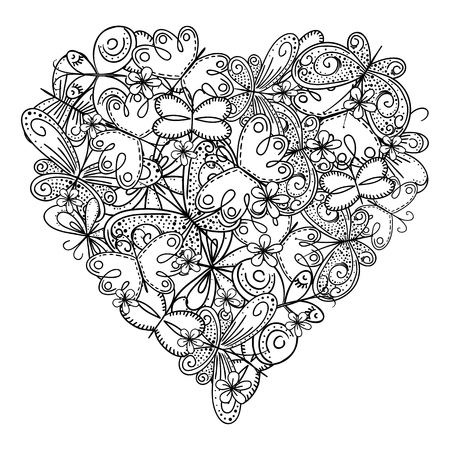 Big heart of butterflies for coloring book. Mothers day holidays design. Valentines day heart. Hand-drawn decorative elements.のイラスト素材