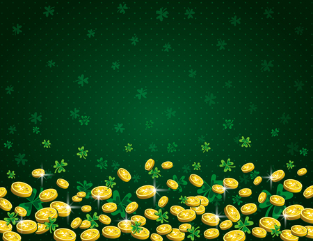 Green Patricks Day background with of golden coins and clover. Patrick's Day design. Greetings card. Can be used for wallpaper, web, scrap booking, vector.のイラスト素材