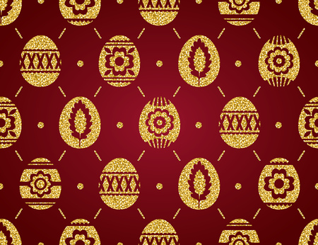 Seamless pattern of golden Easter eggs isolated on red background. Gold Easter Eggs decorated with flowers. Print design, label, sticker, scrap booking, vector illustrationのイラスト素材