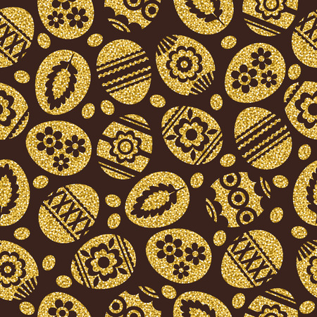Seamless pattern of golden Easter eggs isolated on brown background. Gold Easter Eggs decorated with flowers. Print design, label, sticker, scrap booking, vector illustrationのイラスト素材