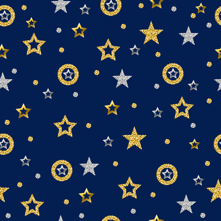Seamless pattern with golden and silver glittering stars. Gold Seamless pattern. Repeatable blue background. Can be used for fabric, scrap booking, wallpaper, web background, invitation, vectorのイラスト素材