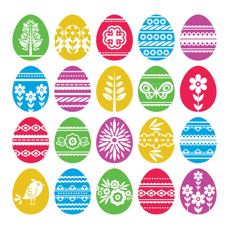 Silhouettes of color easter eggs isolated on white background. Holiday Easter Eggs decorated with flowers and leafs. Print design, label, sticker, scrap booking, stamp, vector illustrationのイラスト素材