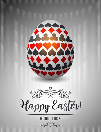 Easter greetings card with red and black gambling symbols over white egg, vector illustration.Suitable for invitations, greeting cards, flyers, banners.のイラスト素材