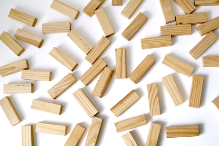 Wooden rectangles arranged differently over a white background. Copy space. Cover background template for the presentation, brochure, web, banner, catalog, poster, book, magazineの写真素材