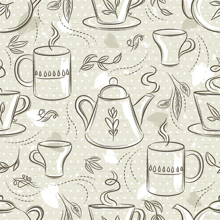 Beige seamless patterns with tea set, cup, tea pod, leafs, flower and text.
Background with coffee set. Ideal for printing onto fabric and paper or scrap booking.のイラスト素材