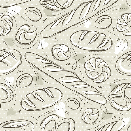 Beige seamless patterns with different breads, pretzel, and bap. Ideal for printing onto fabric and paper or scrap booking.のイラスト素材