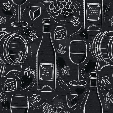 Seamless patterns with white wine set, cask, wineglass, barrel, grape and cheese on black chalkboard. Ideal for printing onto fabric and paper or scrap booking.のイラスト素材