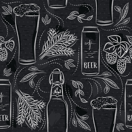 Seamless patterns with set of beer bottle, mug, barley and hop on black chalkboard. Ideal for printing onto fabric and paper or scrap booking.のイラスト素材