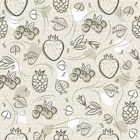 Beige Seamless Patterns with strawberry, blackberry, blueberry and raspberry on grunge background. Ideal for printing onto fabric and paper or scrap booking, vectorのイラスト素材
