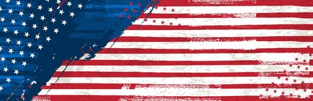 Banner with grunge USA background with stars and horizontal lines.
Decorative American banner suitable for background, headers, posters, cards, website. Vector illustrationのイラスト素材
