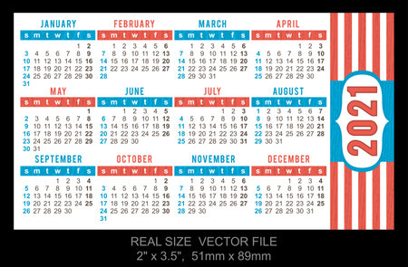 Pocket Calendar 2021, vector, start on Sundayのイラスト素材
