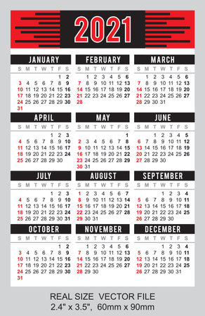 Pocket Calendar 2021, vector, start on Sundayのイラスト素材