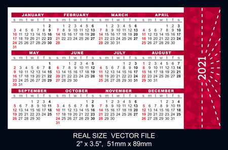 Pocket calendar 2021, start on Sunday, vectorのイラスト素材