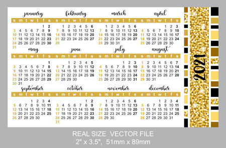 Pocket calendar 2021, start on Sunday, vector. Decoration of gold textureのイラスト素材